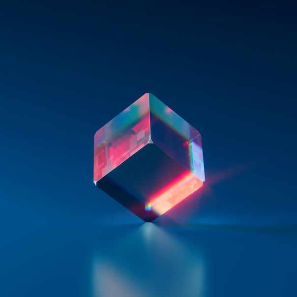 NFT Preview Image called Equilibrium, semi transparent cube with a red light shining through it, pivoted on its side.