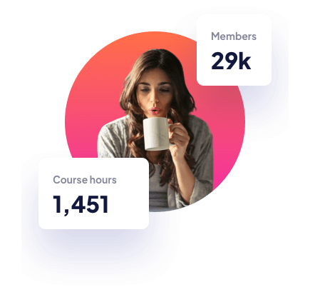 Woman blowing onto a mug. Top right of her is a box indicating 29k Members. On the bottom right is a box indicating 1,451 Course Hours.